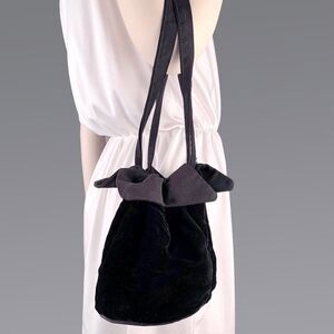 Vintage 20s 30s Velvet Drawstring Handbag Purse Black Grosgrain Satin Jester